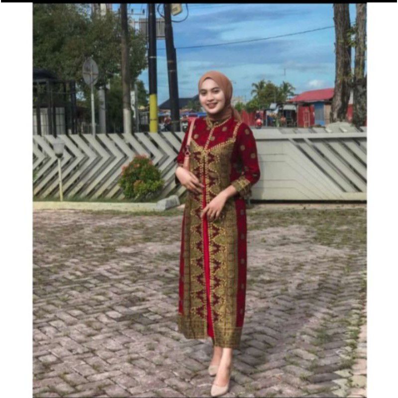 SET COUPLE GAMIS BATIK MOTIF SONGKET PALEMBANG DRESS WANITA MODERN KONDANGAN PESTA ELEGAN MEWAH JUMB