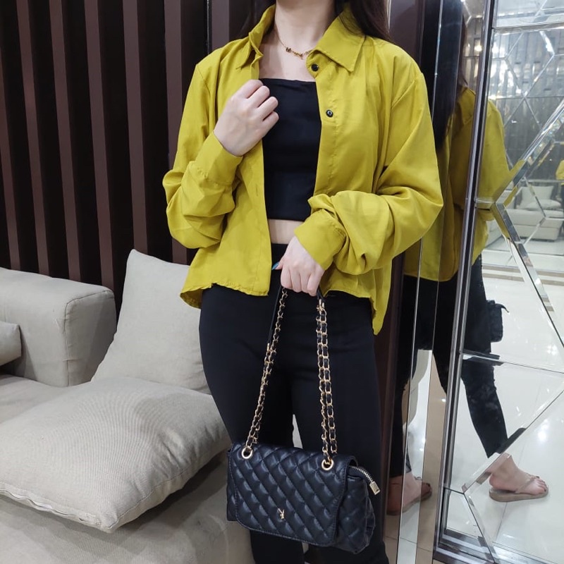 Tq88indonesia Baju Kemeja Cewek BELFIE CROP / Atasan Wanita Terbaru / Kem Polos Lengan Panjang / Ootd Kekinian