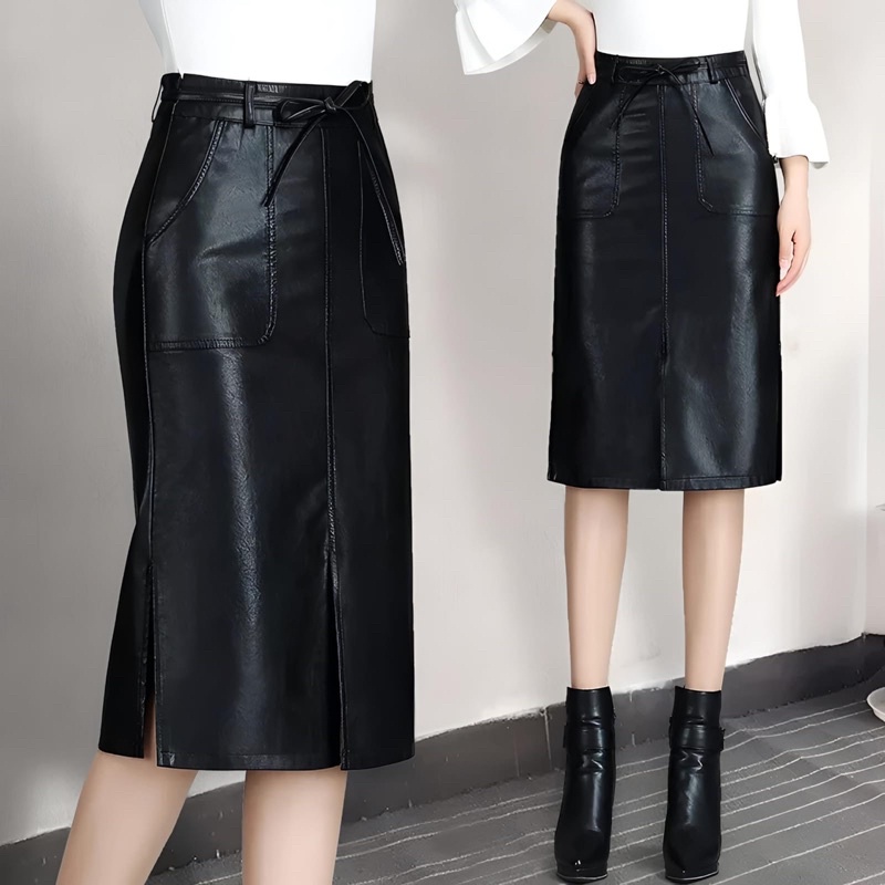 Rok Wanita PU Leather Bodycon High Waist Rok Streetwear Pensil Hitam Knee-lenght - Tailor Labs