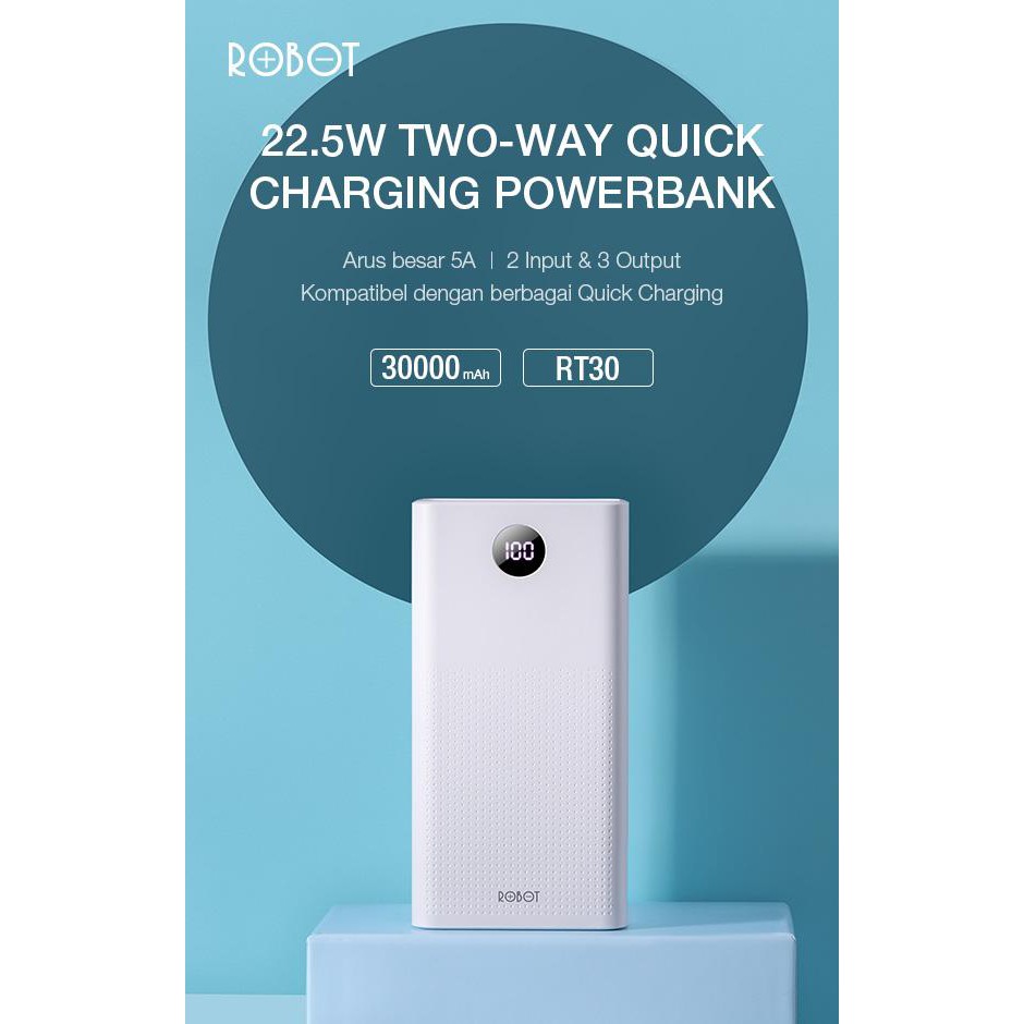 Power Bank ROBOT RT30 30000mAh 18W 3 Output &amp; 2 Input 22.5W Quick Charge LED Display