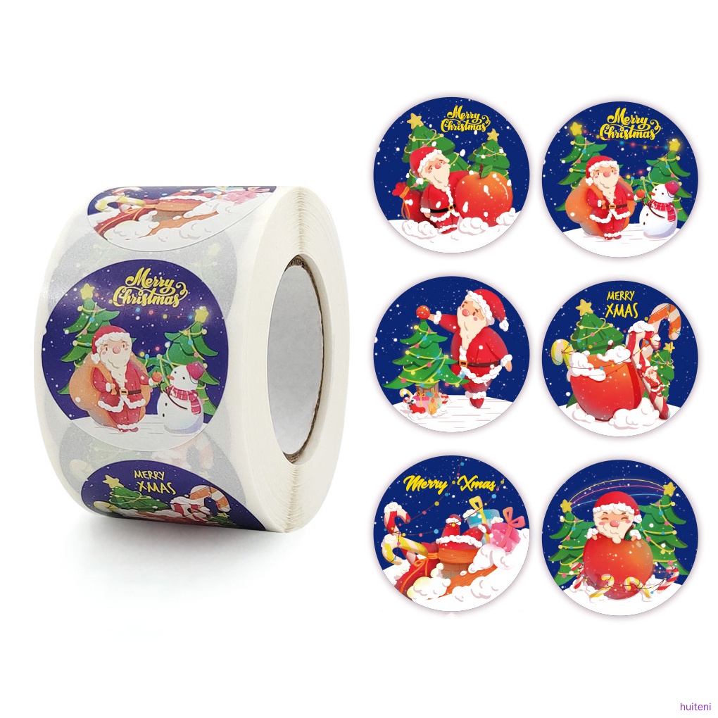 500pcs / Roll Stiker Kertas Motif Santa Claus Tema Natal Bentuk Bulat Untuk Kotak Hadiah