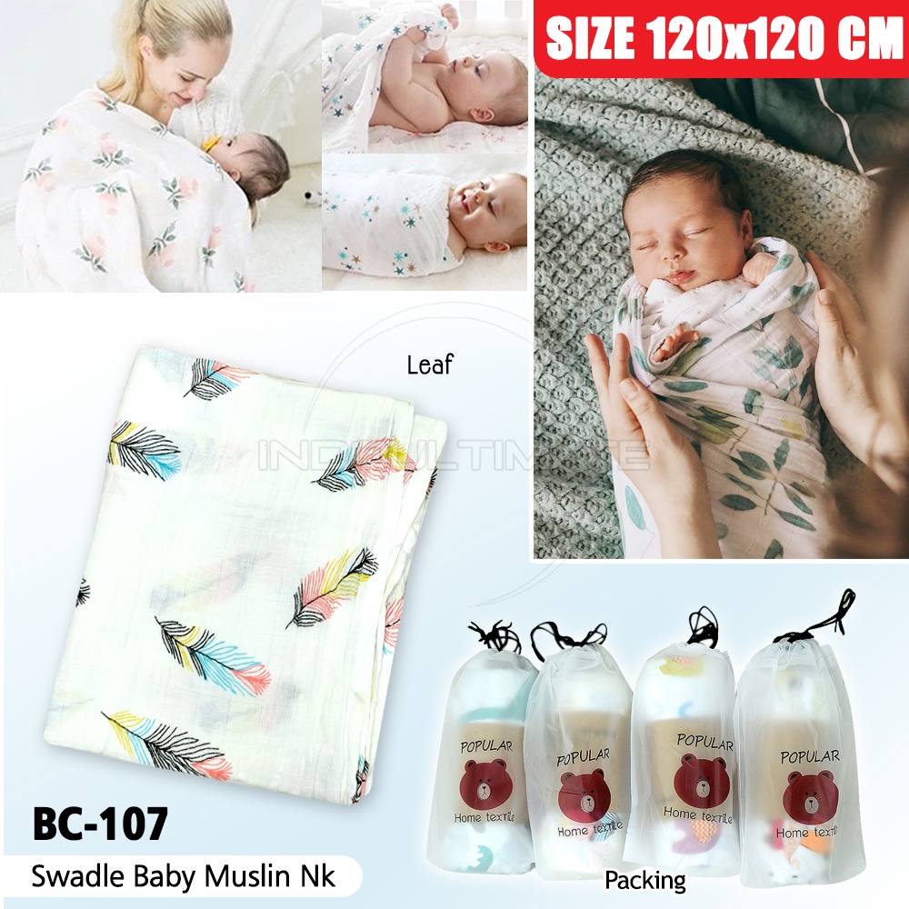 Selimut Kain Bedong Bayi Baru Lahir Muslin + FREE POUCH 100% BC-107 Katun Swaddle Baby New Born Perlengkapan Bayi