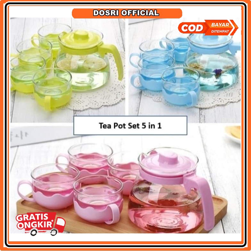 [BISA COD] TEKO SET TEAPOT HC HAPPY CALL TEAPOT SET 5 IN 1TEAPOT GELAS KACA PICHER SET 5 IN 1