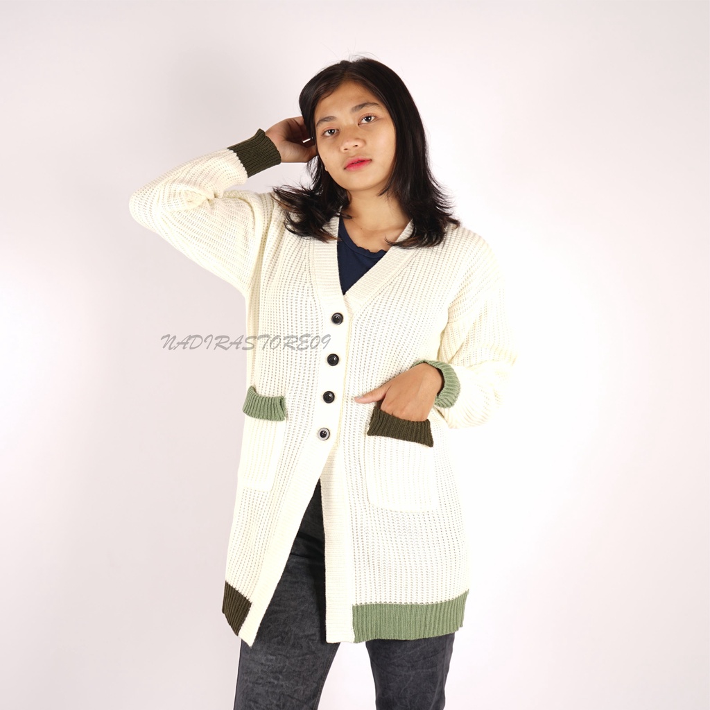 CARDIGAN RAJUT LONG KANCING SAKU OFF WHITE SUPER PREMIUM