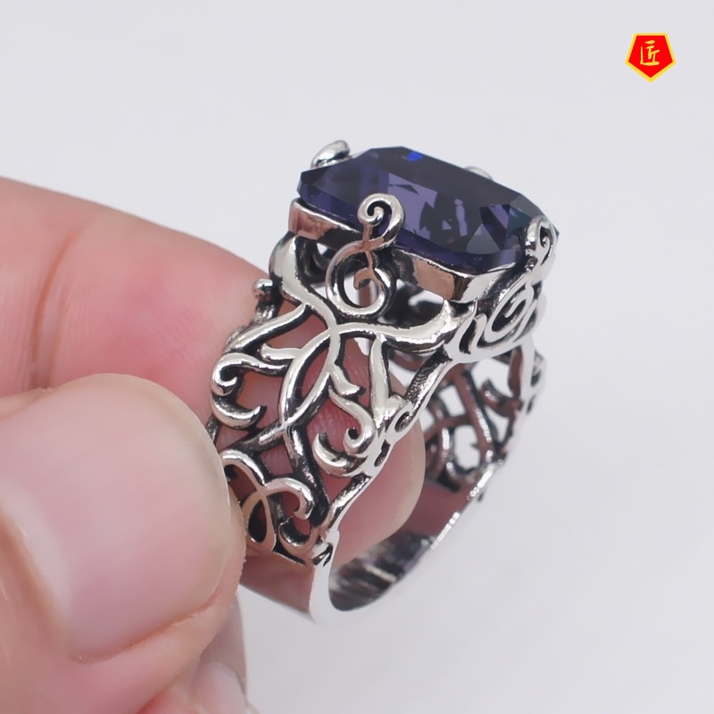 [Ready Stock]Hollow Flower Rhinestone Purple Crystal Silver Ring Elegant Retro