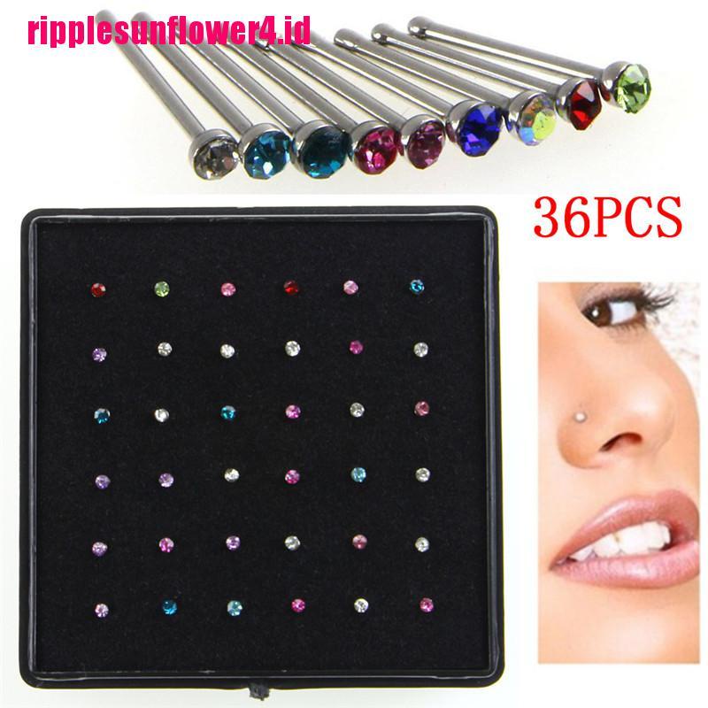 36pcs Anting Tindik Hidung Bahan Stainless Steel Dengan Kristal Berlian Imitasi