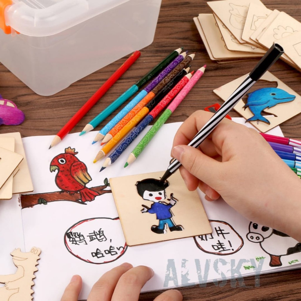 MAINAN EDUKASI ANAK KAYU COLORING BOARD BELAJAR MENGGAMBAR DAN MEWARNAI BENTUK