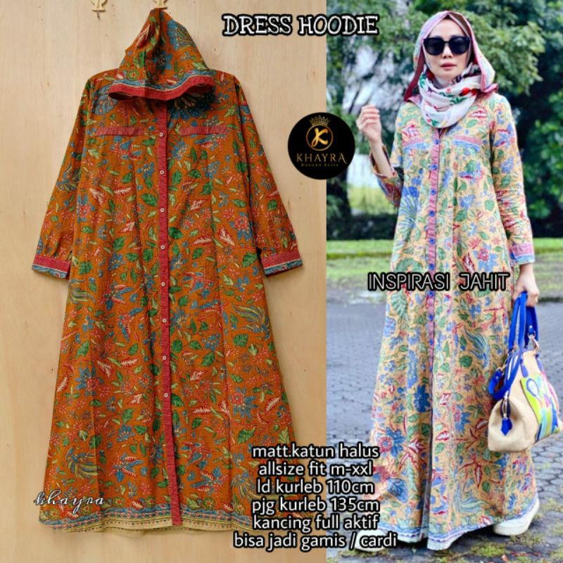 Dress/ gamis hoodie batik katun halus etnik cantik