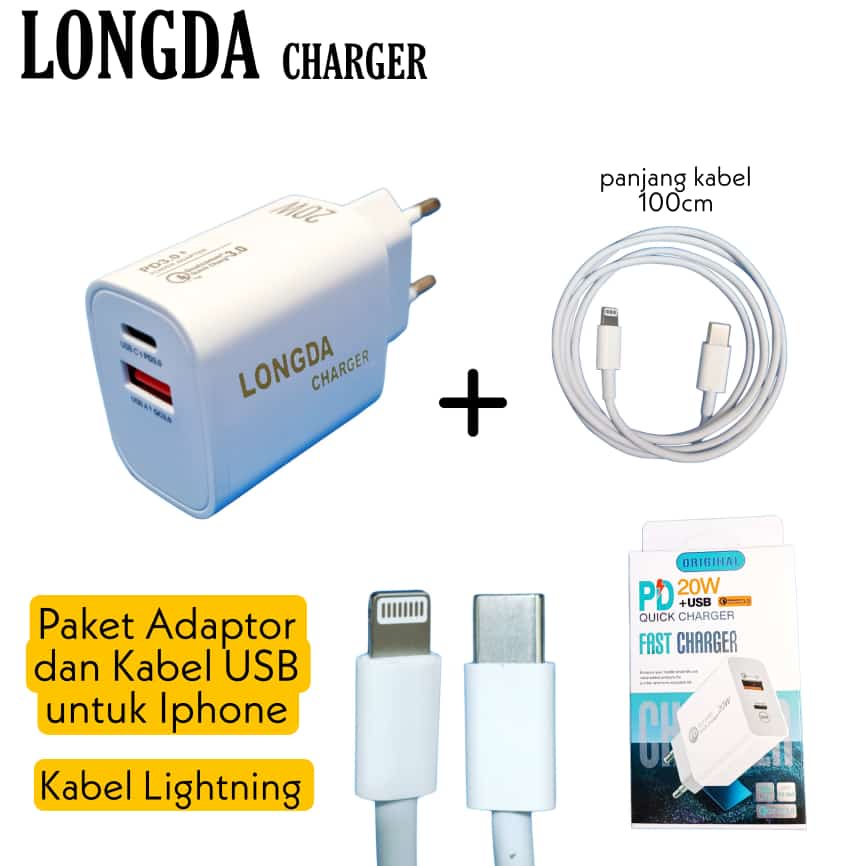 Fast Charging Adaptor Dual Output 20W Qualcomm 3.0 + Kabel USB (Paket)