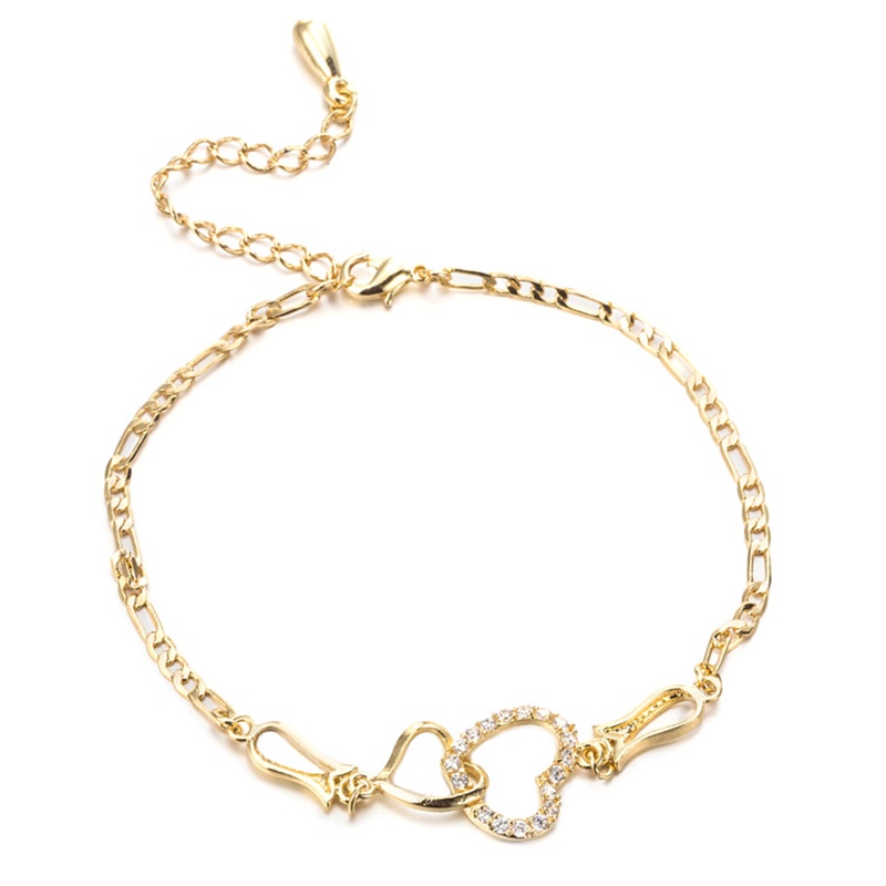 Fancyqube Gelang Kaki Rantai Emas 14k Desain Dua Hati Hollow Hias Berlian Gaya Klasik Untuk Wanita