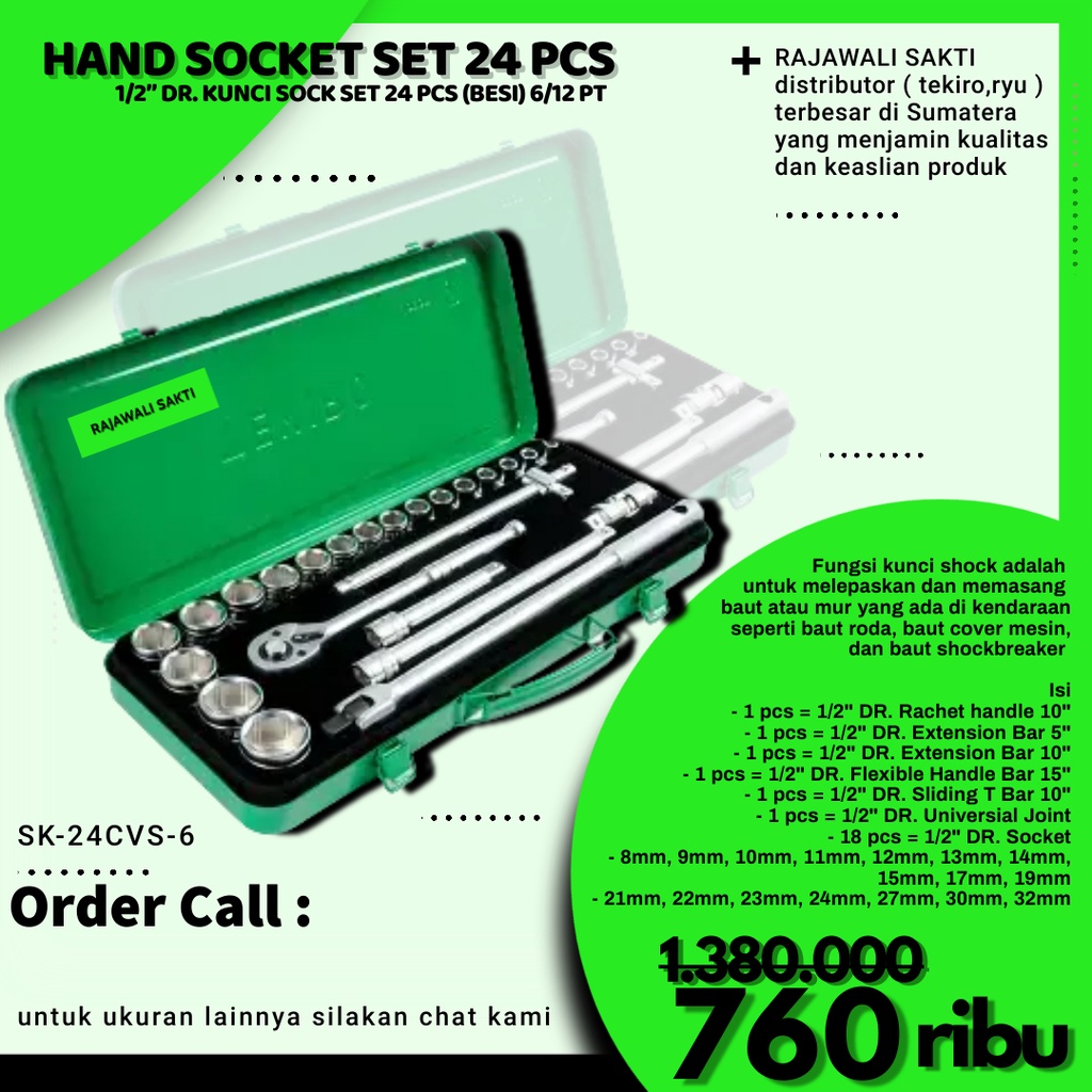 TEKIRO KUNCI SOK 24 PCS KUNCI SOCK SET 24 PCS FULL LENGKAP SOCKET TOOL KIT  MOTOR MOBIL BOX KALENG G