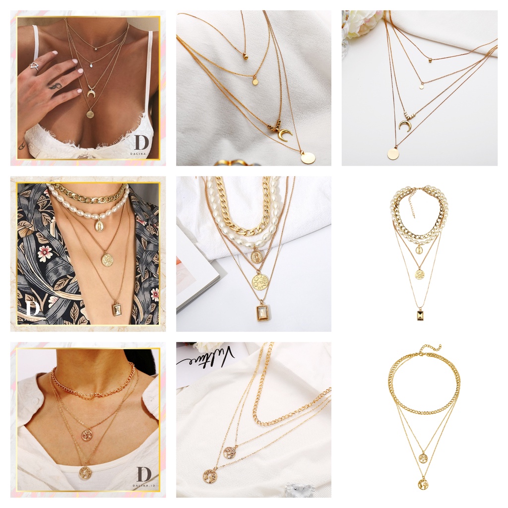 Kalung Choker Multilayer Liontin Bulan Sabit Gold Aksesoris Fashion Perhiasan Dalika