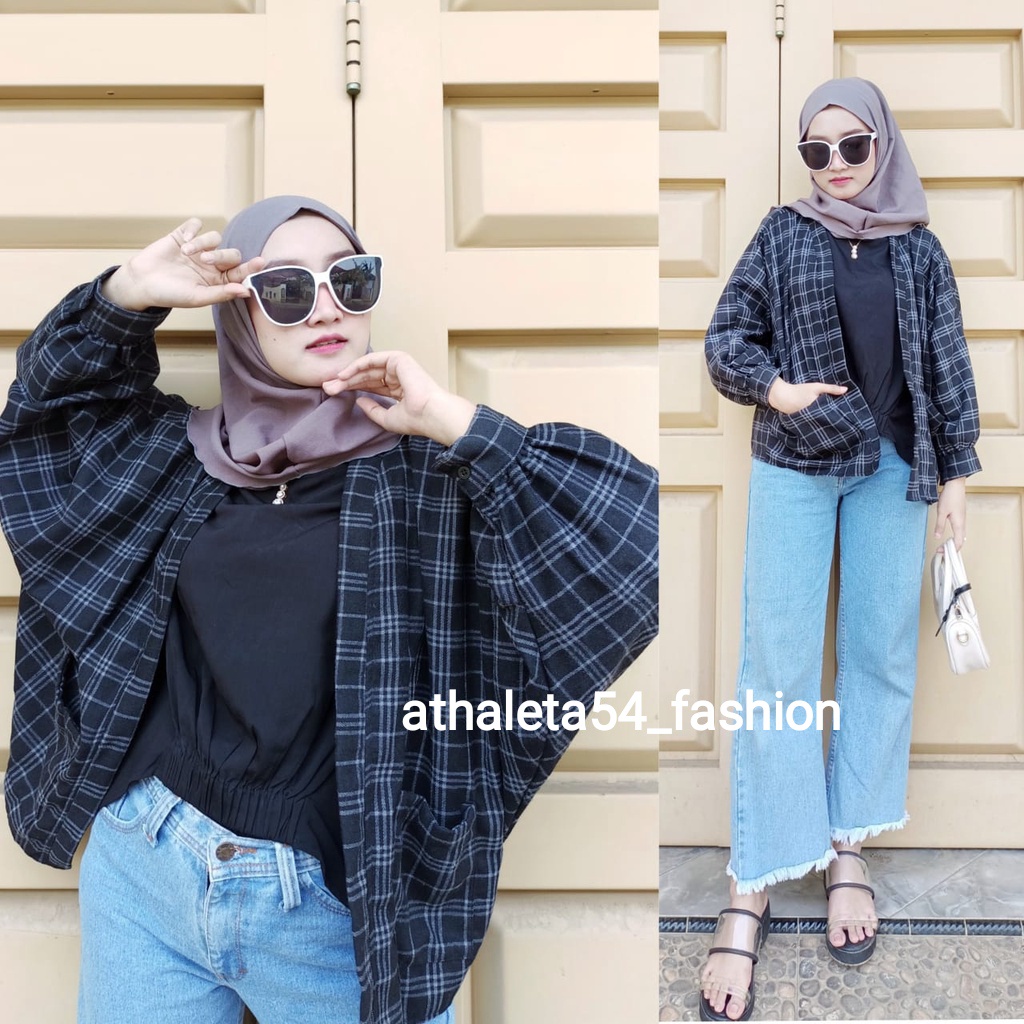 outer Balon Flanel Viral Outer Balon Grid/Cardingan Flanel Wanita