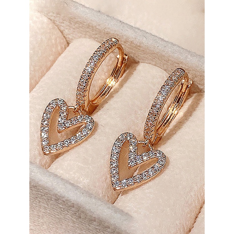 Anting Juntai Bentuk Hati Aksen Batu Mosaik Gaya Korea Untuk Wanita