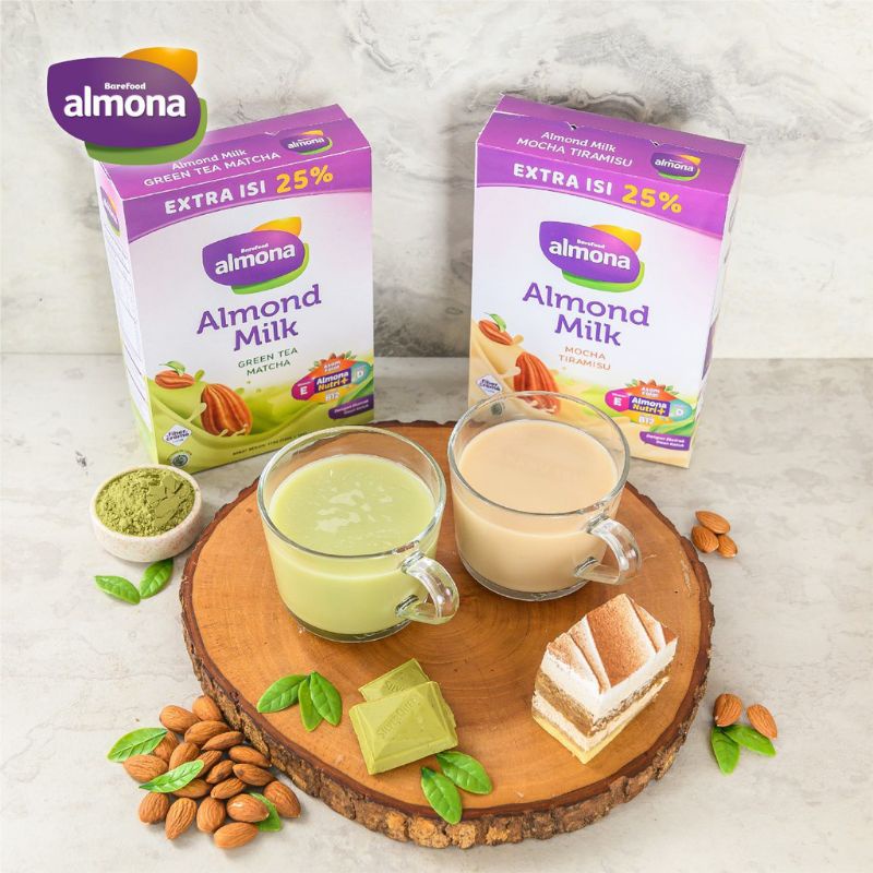 Almona Almond Milk Powder susu kacang almon asli pelancar asi dengan daun katuk Asi Booster original vanilla coklat mocha tiramisu matcha green tea strawberry Barefood