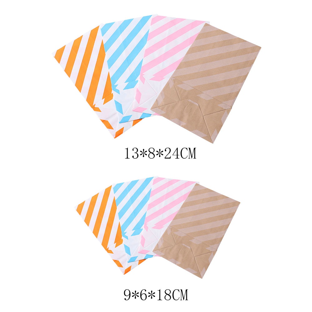 10pcs Kantong Kertas Kraft Motif Garis Ukuran S / M Untuk Snack / Permen / Hadiah