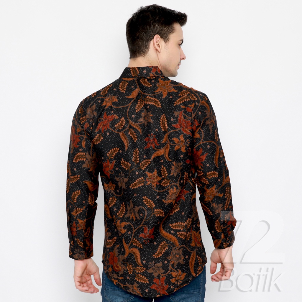 KEMEJA BATIK PRIA Dobby Lengan Panjang Slimfit Slim Fit Warna Hitam Orange Merah 723084 Cap 72 - Baju Kemeja Atasan Pakaian Setelan Batik Pria Cowok Laki Laki Remaja Keluarga Kantor Lengan Panjang Modern Slimfit Slim Fit Premium Kekinian