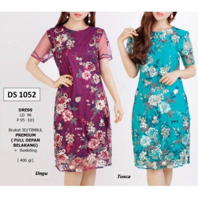 Dress kantor/pesta motif bunga DS 1052 Standar dan DS 1095 Plus bahan brukat timbul premium