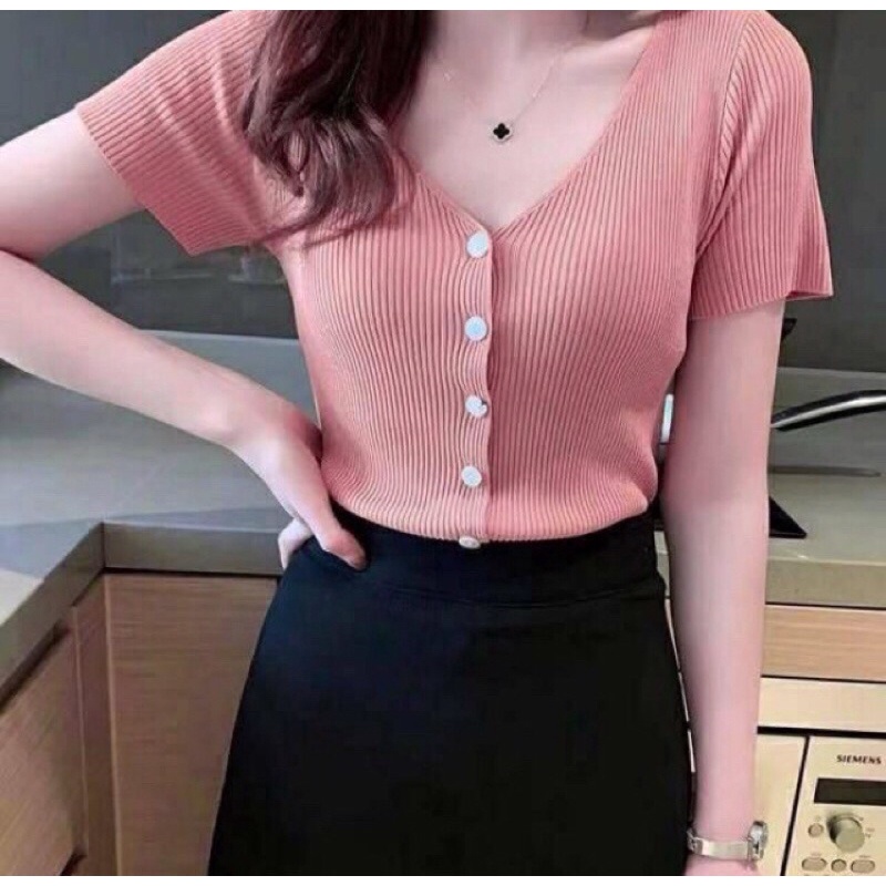 SALE BAJU RAJUT KOREA V NECK (Free Mini Gift) LENGAN PENDEK WANITA KANCING HIDUP