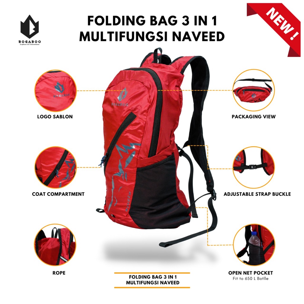 Folding bag 3 in 1 bogaboo ultralight seri NAVEED - TAS PINGGANG - TAS SLEMPANG - TAS SUMMIT - TAS SEKOLAH - BODYPACK