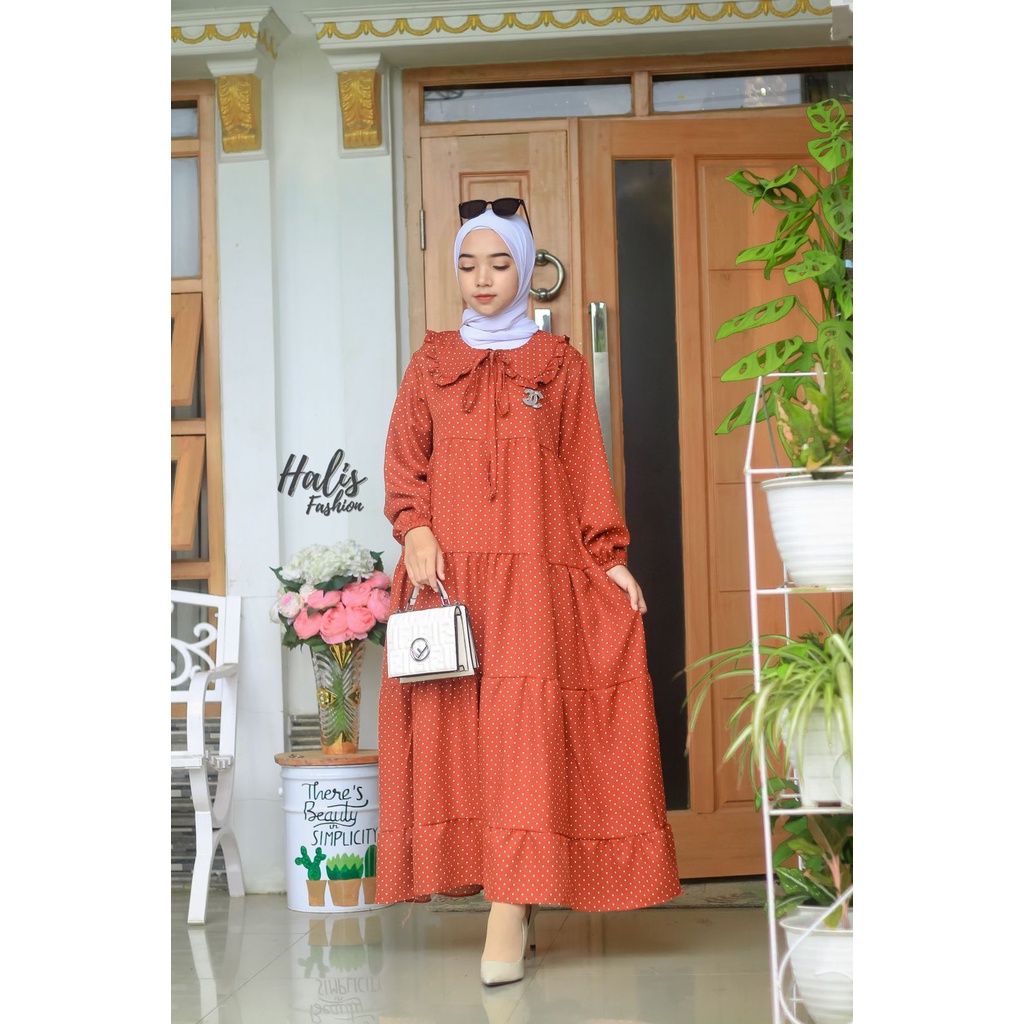 MIDI DRESS KATUN SHAKILA ABSTRAK SALUR POLKA ORIGINAL HALIS FASHION busana muslim baju wanita dress syari kajep maxidress gaun pesta