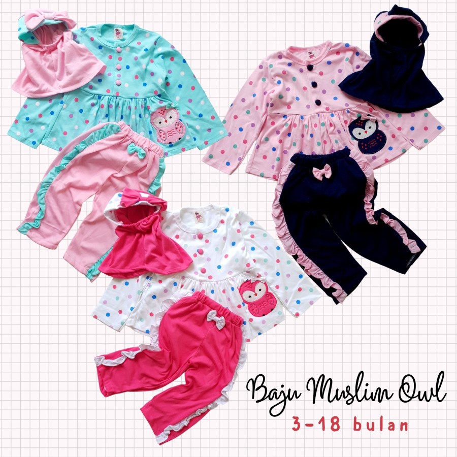 Baju Muslim Anak Bayi Perempuan Kaos Owl Jilbab 3-18 bulan