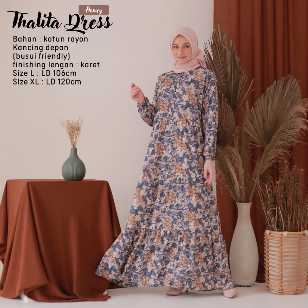 New - Gamis Dewasa Jumbo/Homey Dress Thalita XL-Bahan Katun Rayon Premium Motif Flower-Busana Muslimah Dewasa