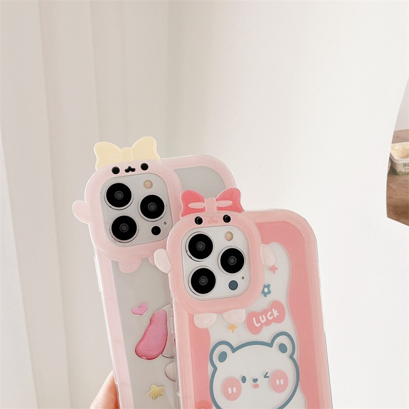 Case Pelindung Lensa Kamera Bumper Shockproof Motif Kartun Beruang Untuk iPhone 14 13 12 11 Pro Max X Xr Xs Max 7 8 6 6s Plus SE 2020