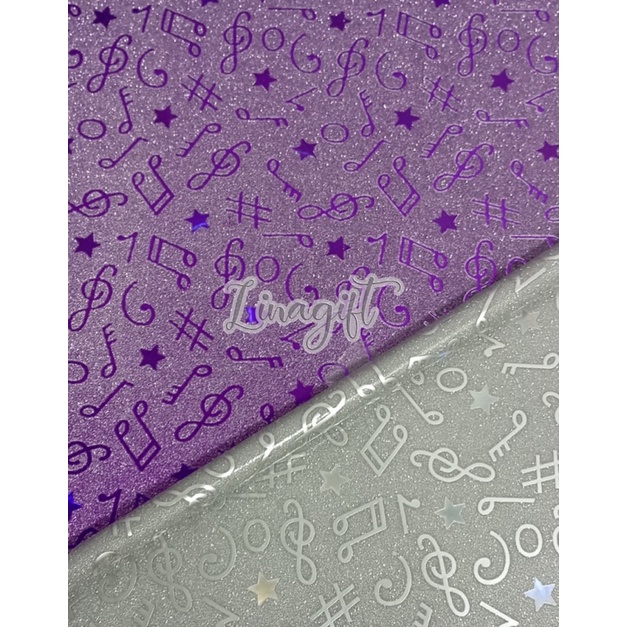 ( 3 Lembar ) PLASTIC METALLIC GLITTER MUSIC - PLASTIK KADO METALIK GLITER PASIR SHINY MENGKILAP NADA BLOK NOT TANGGA MUSIK PINK PURPLE EUSTHATIC VINTAGE CLASSIC