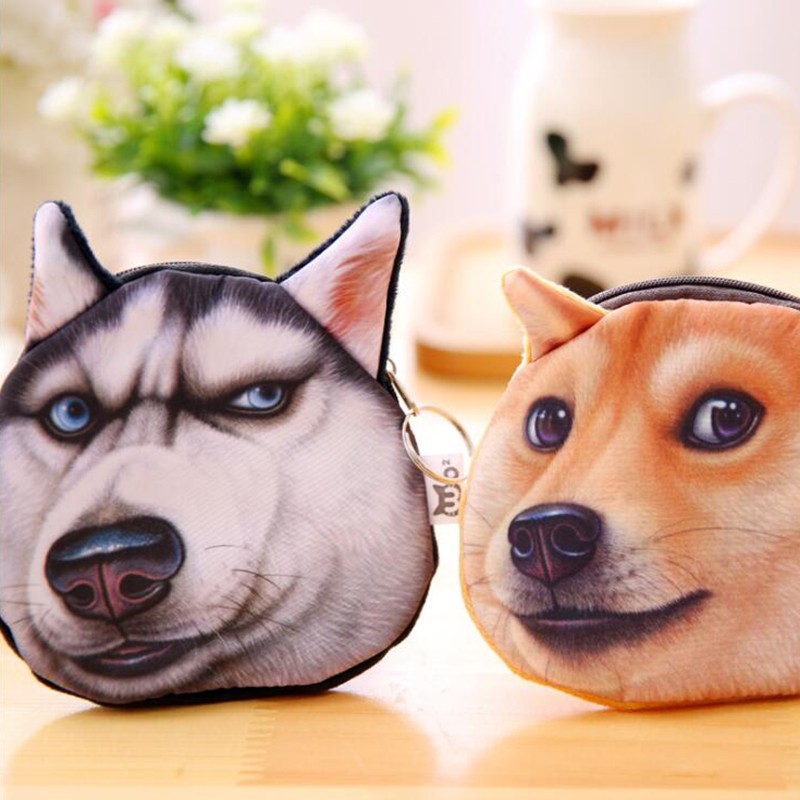 Dompet Koin Kunci Motif Muka Anjing Husky 3d Dengan Resleting