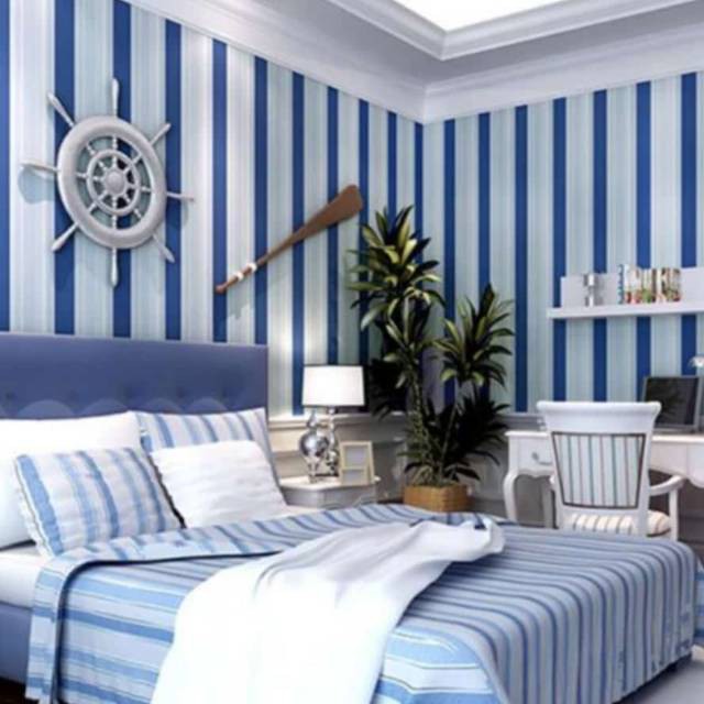 Wallpaper Sticker Dinding Kamar Rumah  GARIS  BIRU  NAVY 