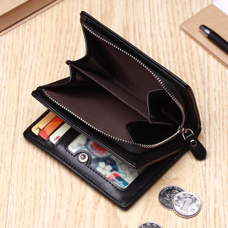 CSONLINEMALL Dompet Pendek Bahan Kulit Asli dengan Resleting  Holder Multi Kartu untuk Pria