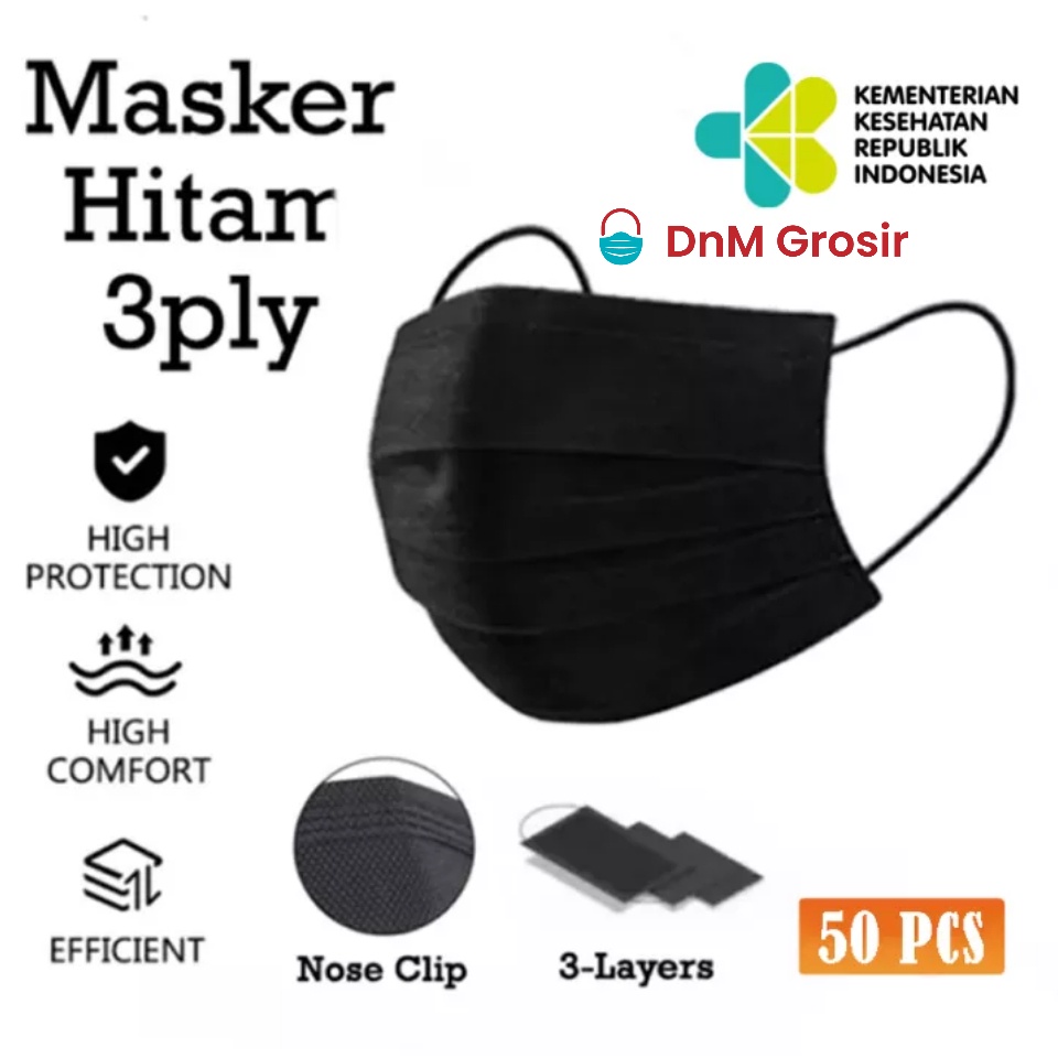 Masker Earloop Hitam Ne Care Embos Kemenkes 3 ply isi 50 pcs