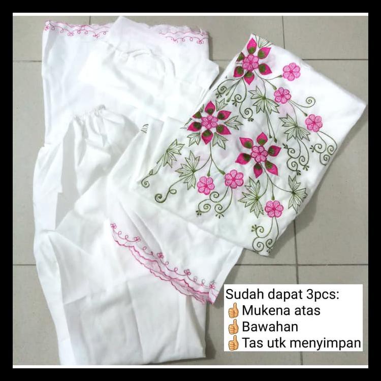 MUKENA PUTIH KATUN BSY BORDIR MURAH MOTIF BUNGA TIMBUL (UKURAN DEWASA)