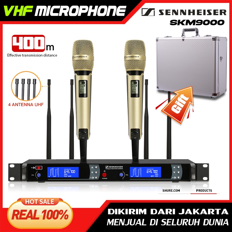 SKM9000 Mikrofon Nirkabel Satu untuk Dua 2 Mikrofon Genggam UHF True Diversity 4 Antena Jarak Penerimaan 400M UHF FM KTV Bar Party Band Performance Menggunakan Peralatan Audio Profesional COD