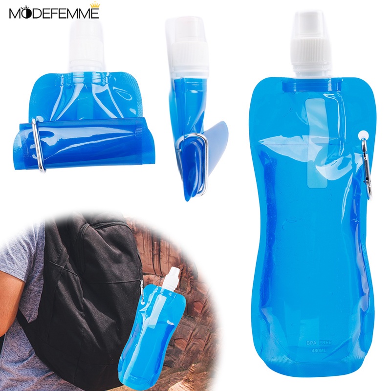 Tas Botol Air Minum Lipat Portable 480ml Ultra Ringan Ramah Lingkungan Dengan Carabiner Untuk Travel