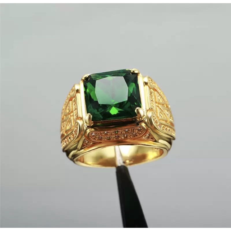 Cincin Batu Permata Zamrud Hijau Emerald Green Cubic Zirconia Mewah Berkelas Ring Gold Platted