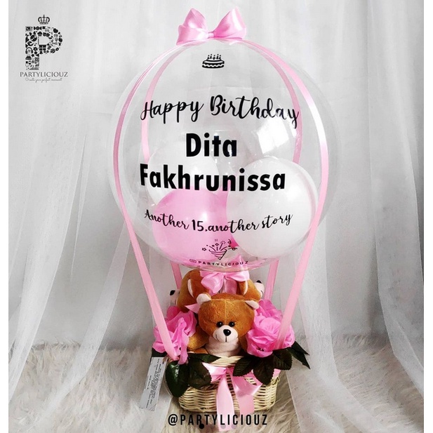 TRIO TEDDY BEARS- BUKET BALON / RATTAN HOT AIR BALLOON BOUQUET GIFT KADO ULANGTAHUN WISUDA