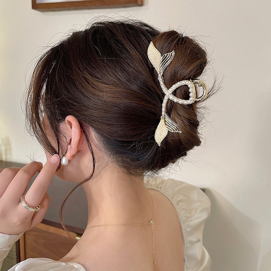 Jepit Rambut Ponytail Bahan Alloy Aksen Mutiara Dan Berlian Imitasi Gaya Korea Untuk Wanita