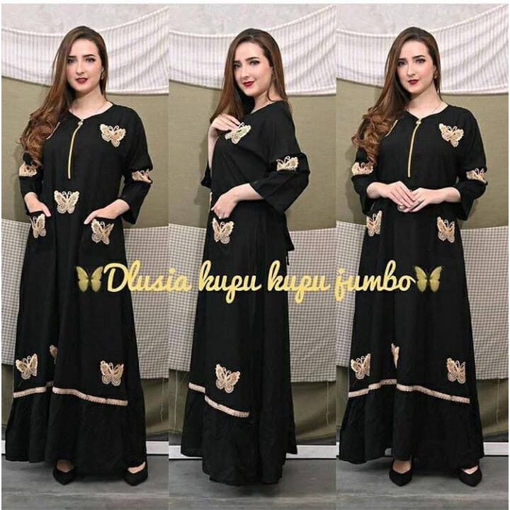 Dlusia Kupu Kupu Dress Wanita Renda Arab Rayon Premium Longdress Lengan Panjang Baju Wanita Kekinian LD 110 cm