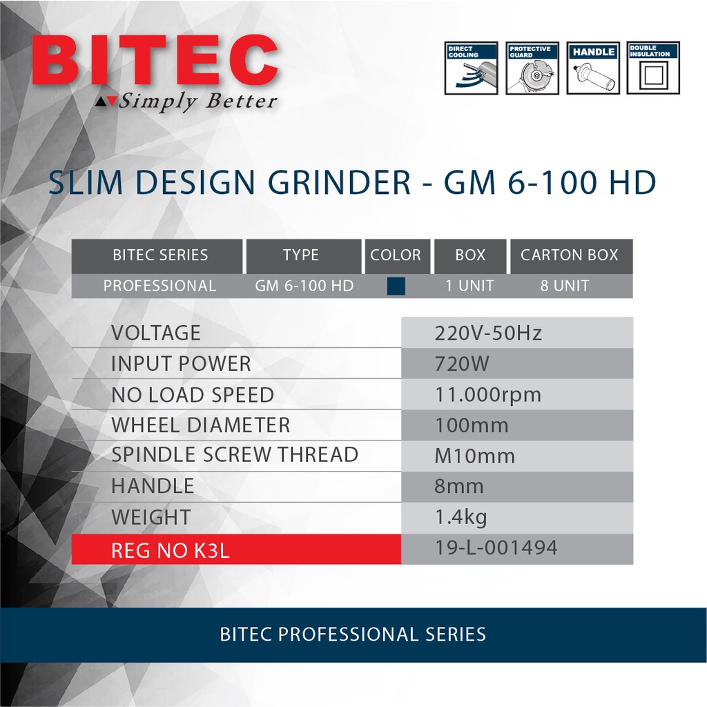 BITEC - MESIN GERINDA TANGAN PROFESSIONAL 720W 4&quot; SLIM DESIGN - GM 6-100 HD - GARANSI RESMI 1 TAHUN