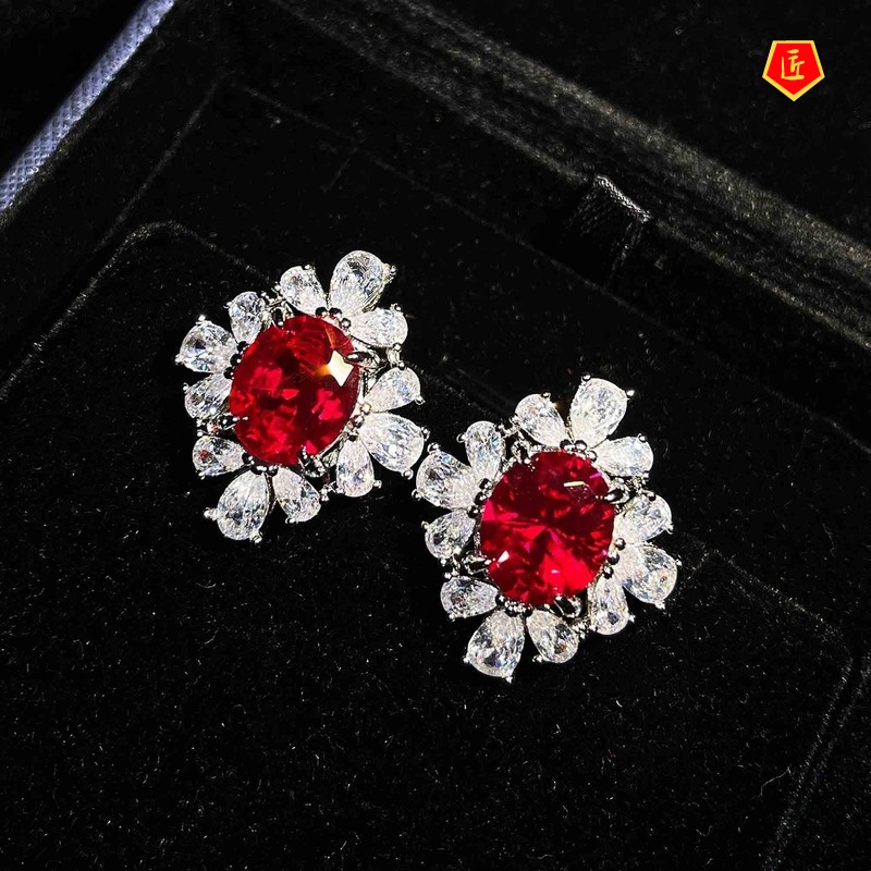 [Ready Stock]Full Diamond Ruby Rings Ear Studs Necklace Set