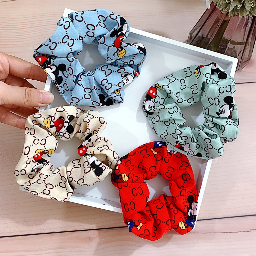 Scrunchie Import Ikat Rambut Kerut Motif Karakter Karet Rambut Bahan Satin Perancis Korea Scrunchies