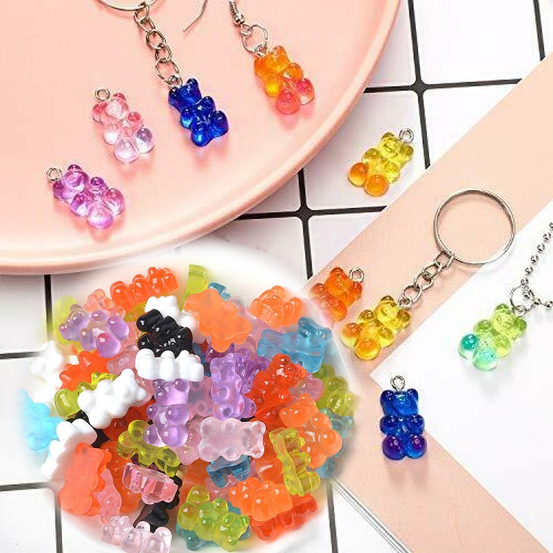 50 Pcs Liontin Kalung Anting Bentuk Kartun Hewan Beruang Mini Warna Permen Bahan Resin