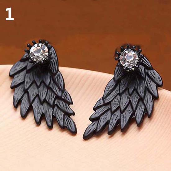 Hu Hu Hu Hu Hu Alat Bantu Pasang Kacamata♡ Anting Tusuk Retro Gothic Desain Sayap Malaikat Hias Berlian Imitasi Untuk Wanita