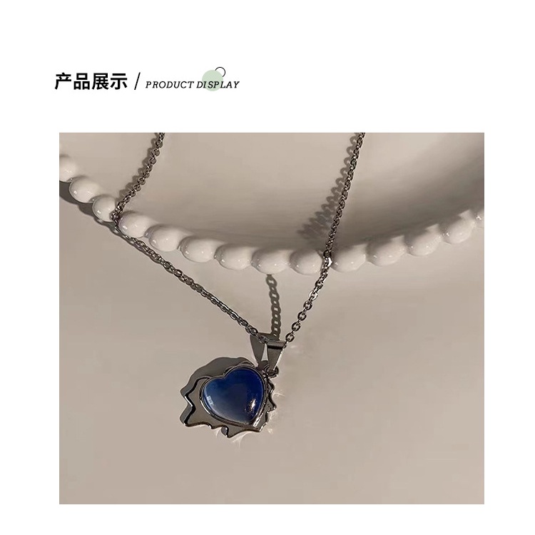 Desain minimalis blue opal cinta liontin kalung wanita ins kepribadian temperamental gaya dingin kal