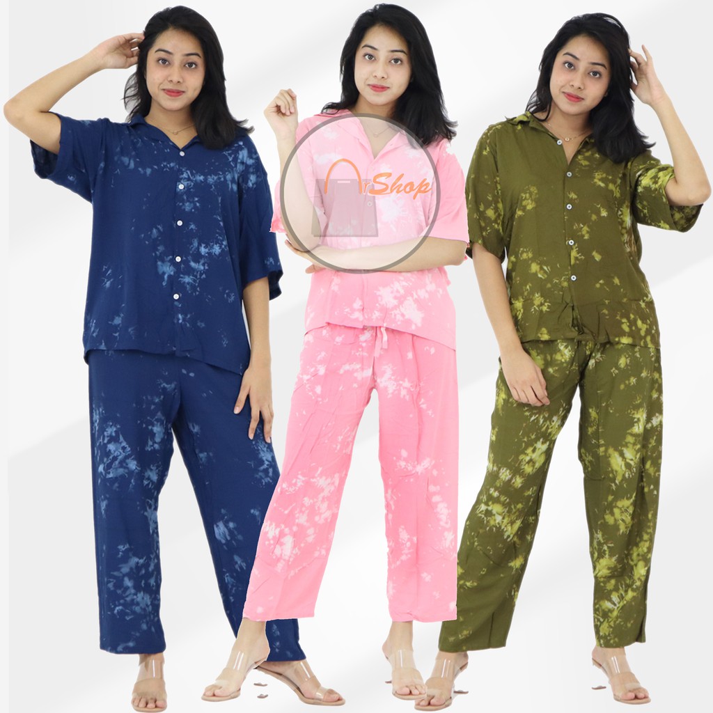 SETELAN PIYAMA LENGAN PENDEK RAYON TIE DYE WANITA LD110 | PAJAMAS KATUN RAYON | BAJU TIDUR WANITA