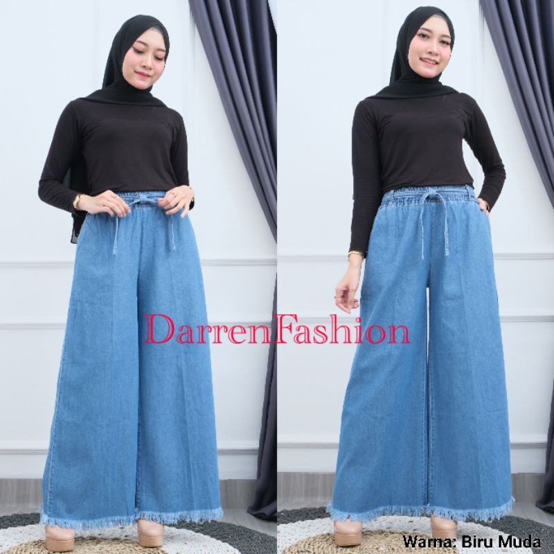 Celana Panjang Kulot Jeans Denim Rawis Wanita