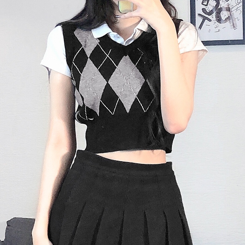 korea style retro kotak V-neck tanpa lengan kasual crop top knit rompi rajut wanita korea/tanktop/tank top wanita