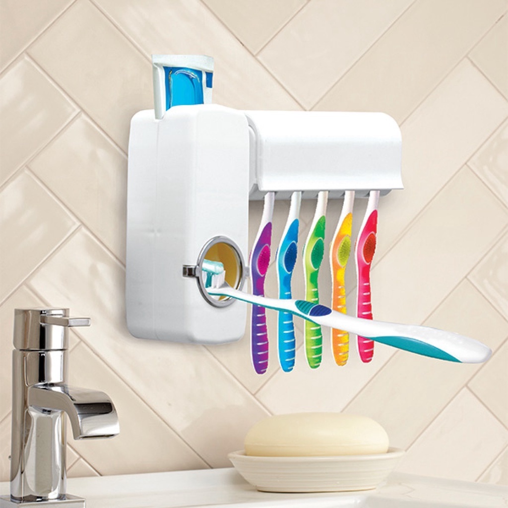 Dispenser Pasta Gigi / 1set Dispenser Odol Dan Tempat Sikat Gigi /  Peralatan Sikat Gigi / Dispenser Odol Tempel Dinding / Brush Holder / Tempat Sikat Gigi